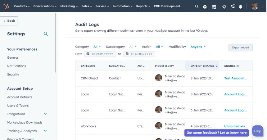HubSpot Audit Log in Settings