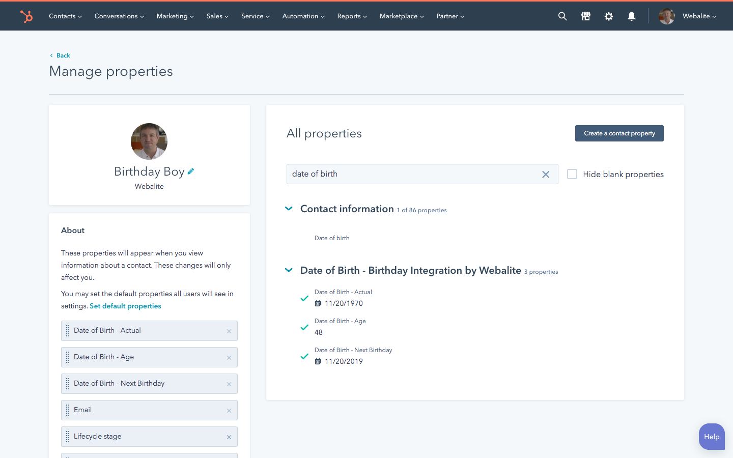 Screenshot – Custom Properties in the Birthday HubSpot Integration