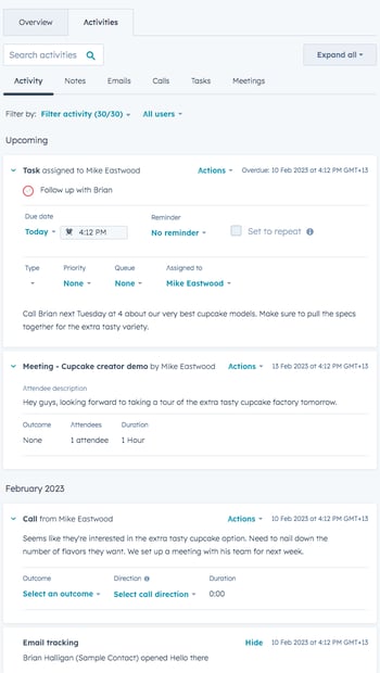 Screenshot of the center panel of the HubSpot CRM (for animation)