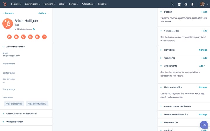 Screenshot of the HubSpot CRM with a clear center panel (for animation)