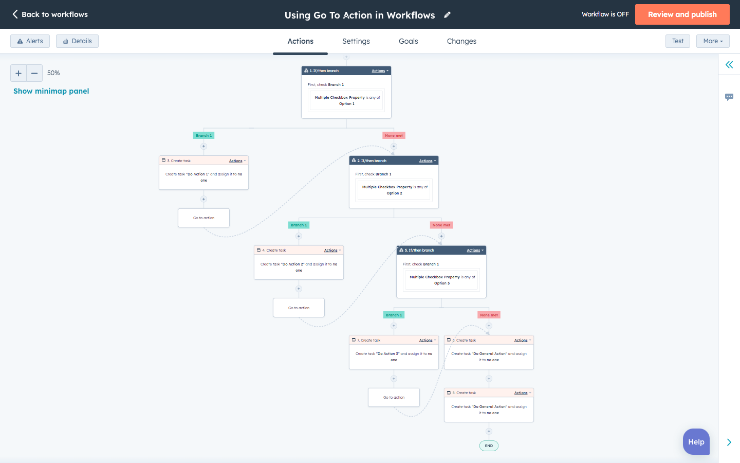 A screenshot of a HubSpot Workflow using 'Go to other action' Actions