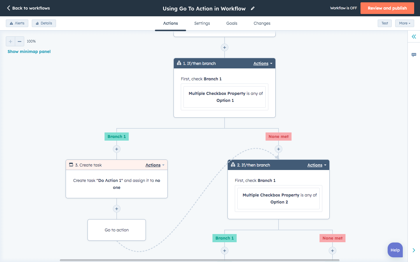 Screenshot of the HubSpot Workflow using 'Go to other action' 