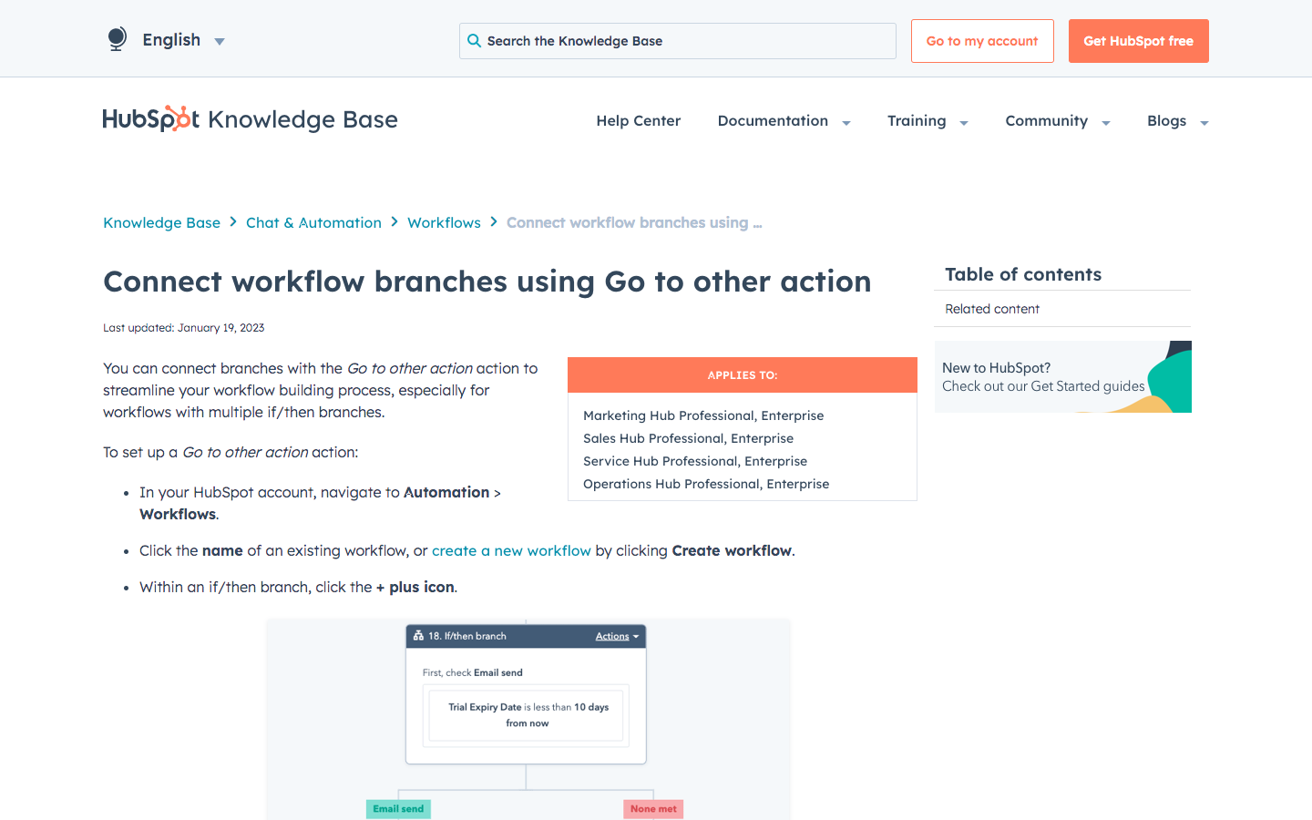 A screenshot from the HubSpot Knowledge Base: Connect workflow branches using 'Go to other action'