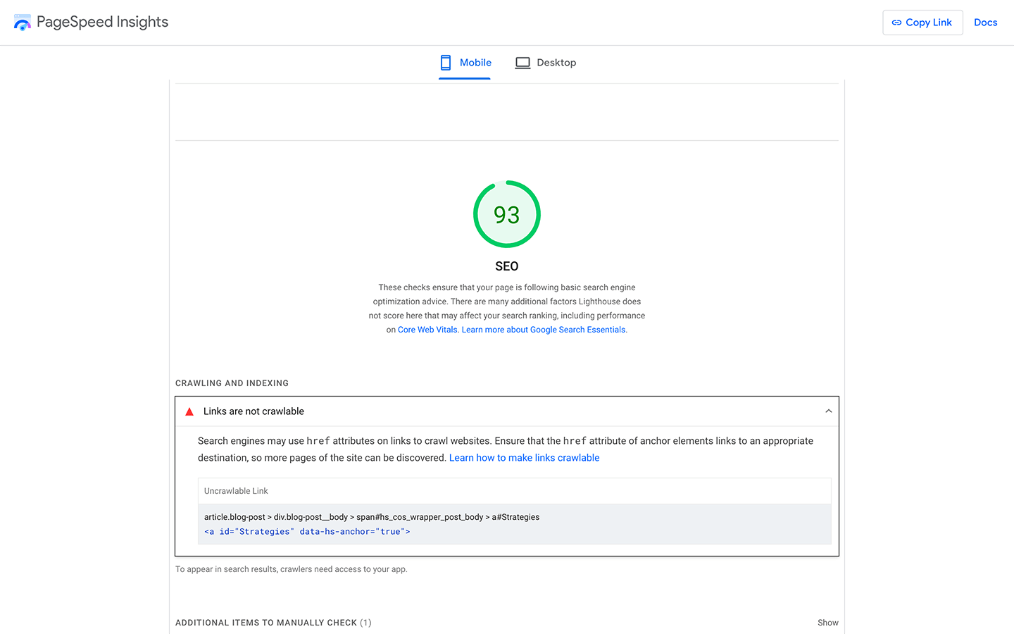 How using Anchor Tags incorrectly affects your Page Speed Insights Score