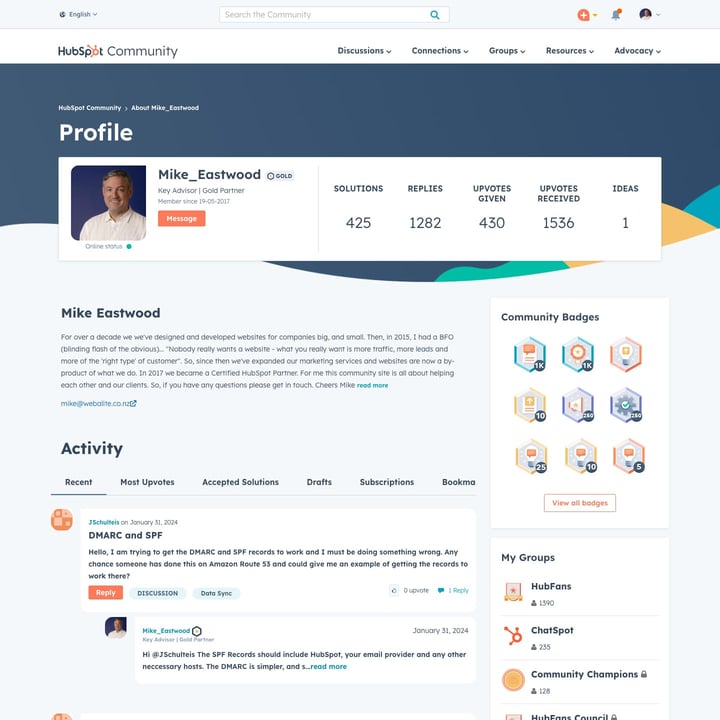 Mike Eastwood – HubSpot Geek – Profile screenshot from the HubSpot Community