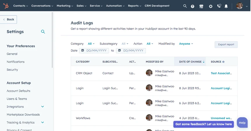 HubSpot Audit Logs for Super Admins using Enterprise