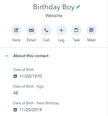 Screenshot – HubSpot CRM Panel showing the Birthday HubSpot Integration